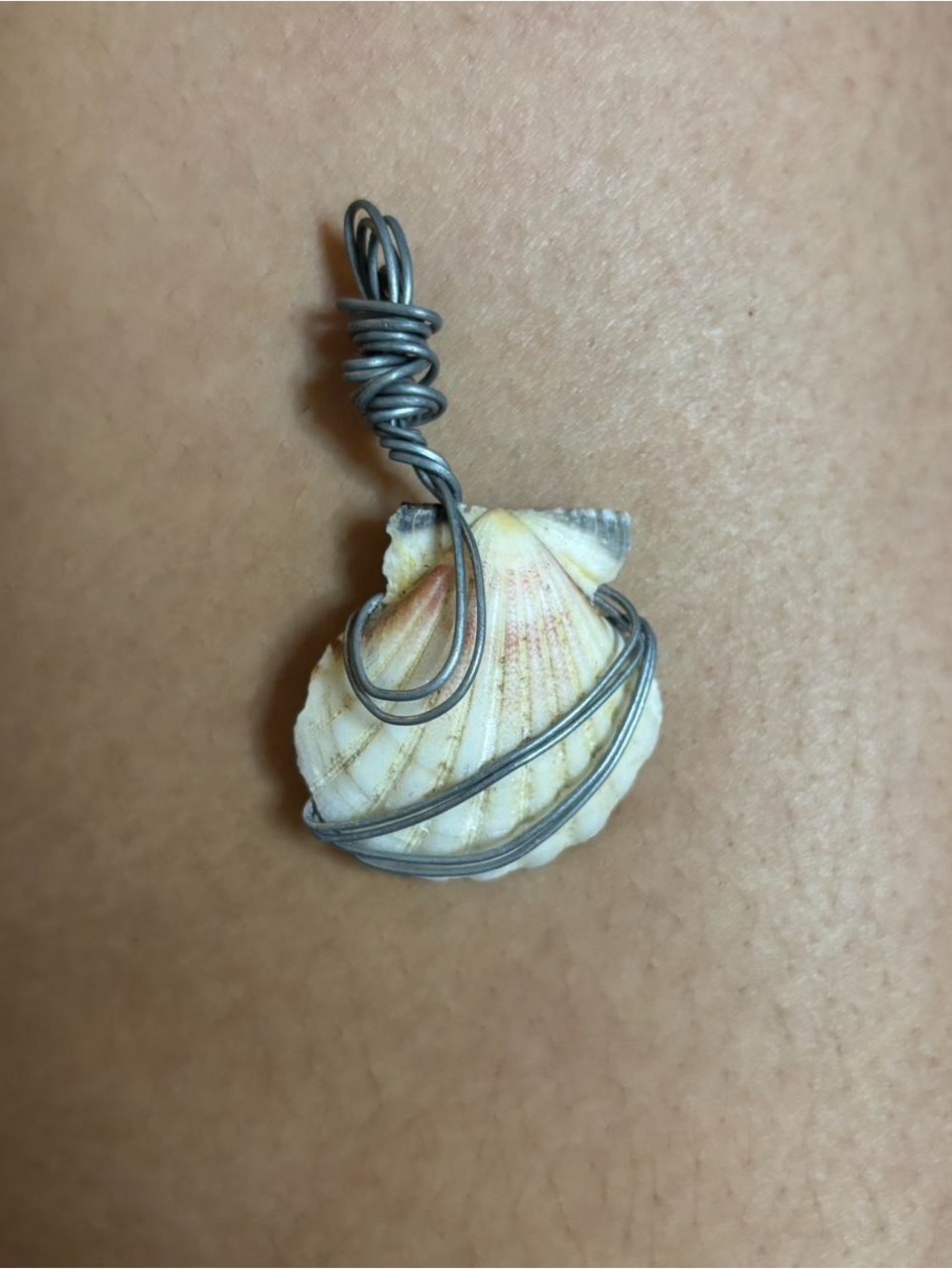 Handmade Shell Pendant Necklace with Silver Wire Wrap - Cream and Gray
